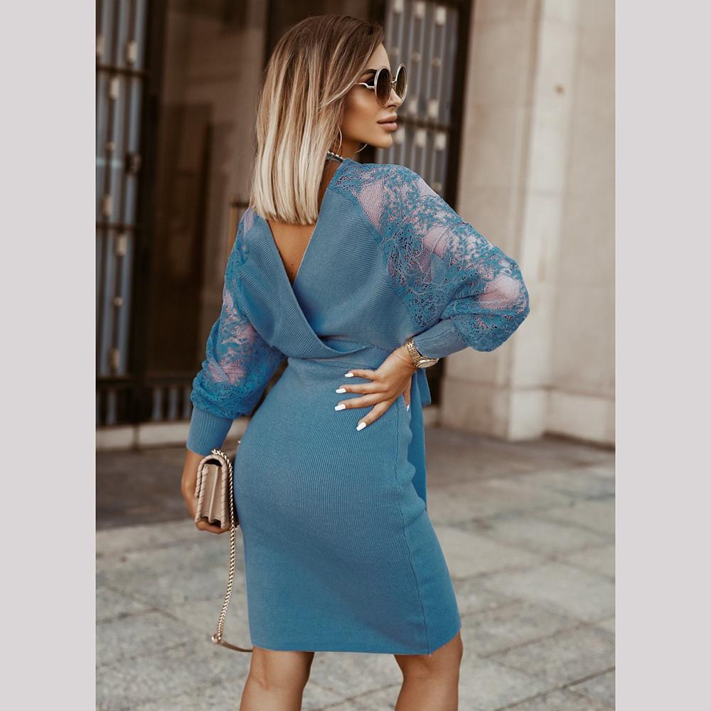 Lace Knitted Dress Autumn and Winter Large Size Female Long-sleeved Slimming Wool Dress