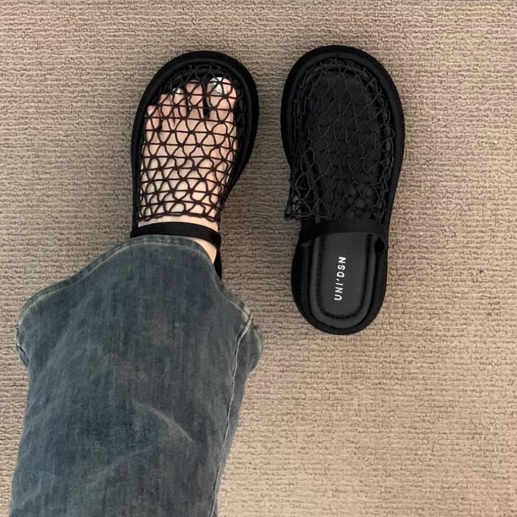 Sandaler med tjock sula och hög klack i ihålig svart tåstil för kvinnor, sommarhöjdökande halvtofflor