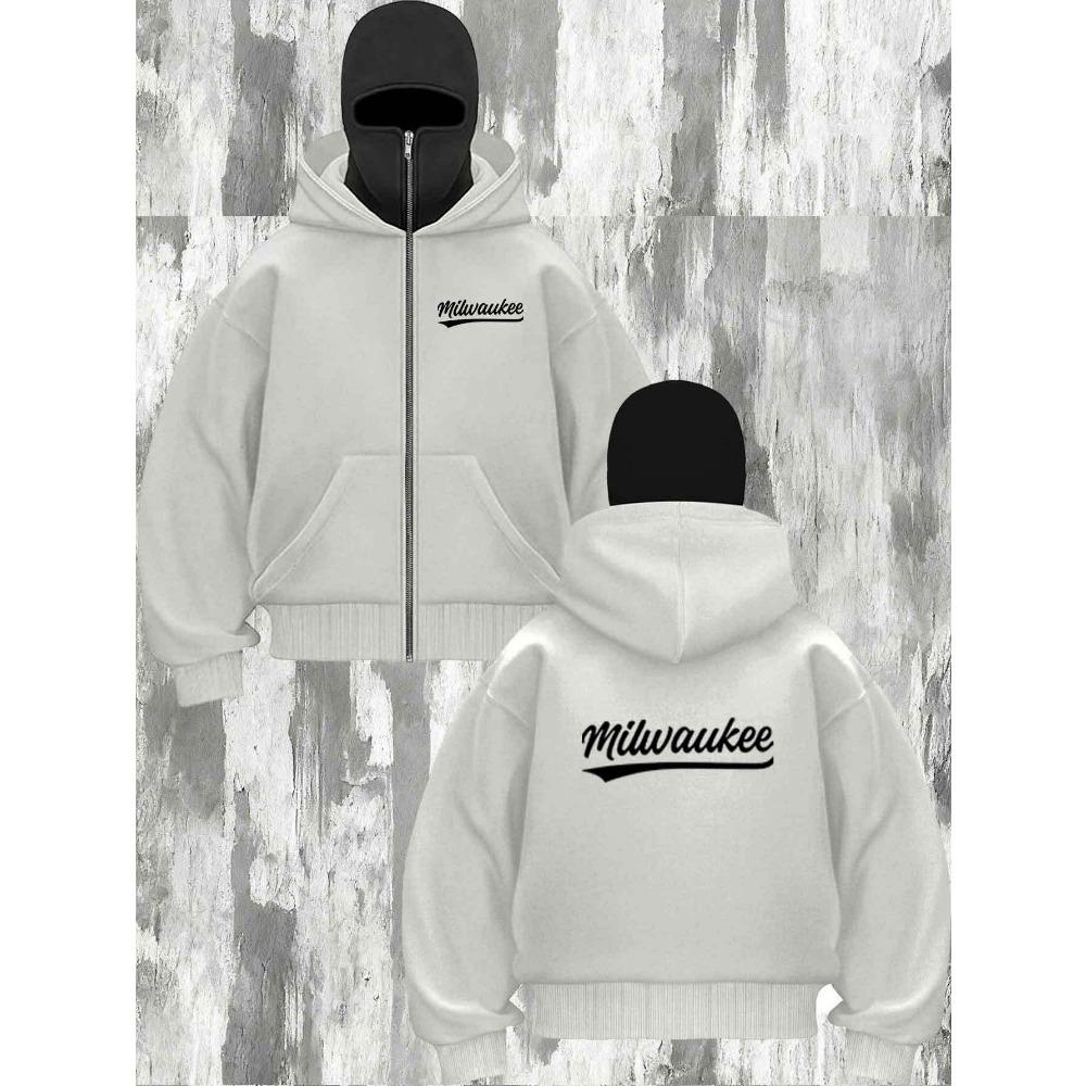 

Letter Printed Hooded Zipper Sweatshirt | Neutral, Fashionable, Casual, Sports Warm Jacket with Pockets, Loose Fit XXXL