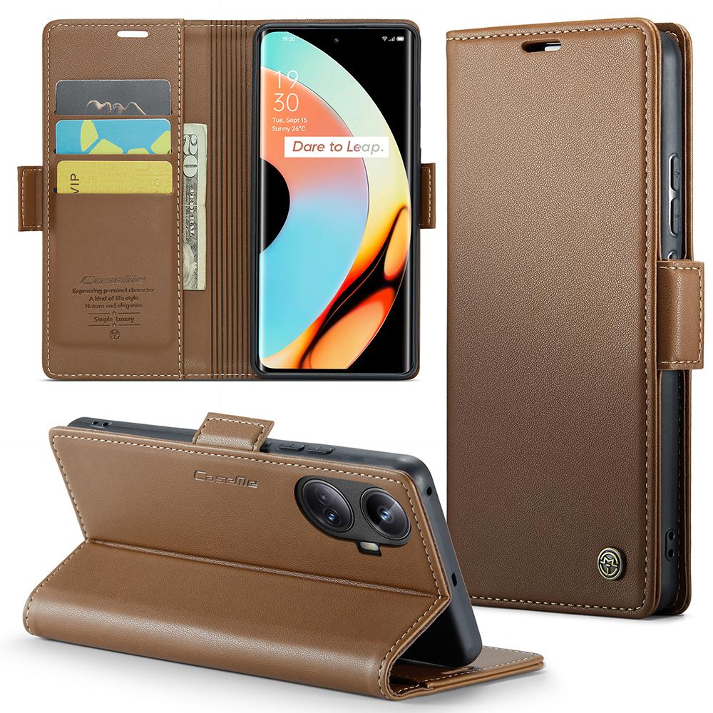 

For Realme 10 Pro+ 5G Leather Case CASEME 023 RFID Blocking 3 Card Slot Mobile Cover Brown