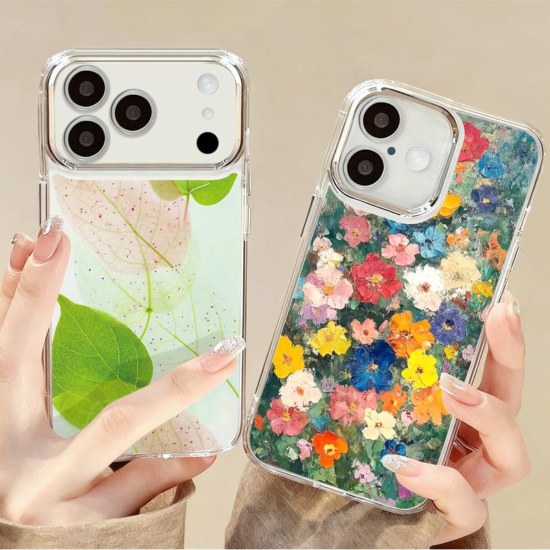 INS Watercolor Floral Case For iPhone 17 Pro Max iPhone 16 15 14 13 Pro Max 11 17e 16e Plating Lens Frame Clear Soft Silicone Back Cover