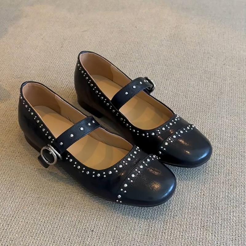 Sheepskin Version~ Round Head Rivet Mary Jane Women's Shoes Shallow Mouth One-word Buckle Single Shoes Versatile Flat Ballet Shoes
