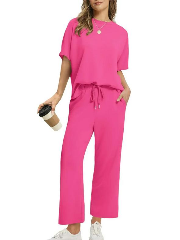 2025 Summer Women's Casual Set: Short-Sleeve Top & Wide-Leg Seven-Point Pants