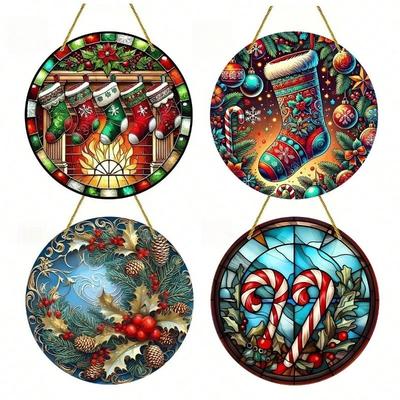 Charming Snowman Suncatcher Round Acrylic Stained Glass-Style Window Hanging Panel Window Decoration Wreath Sign Garden Pendants