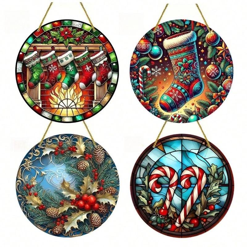 Charming Snowman Suncatcher Round Acrylic Stained Glass-Style Window Hanging Panel Window Decoration Wreath Sign Garden Pendants