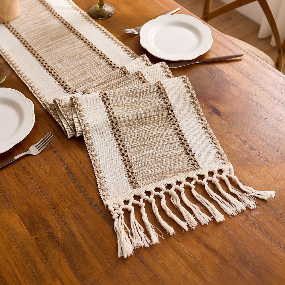 Hand-Knotted Tassel Hollow Out Table Runner Vintage Tablecloth Festive Decoration