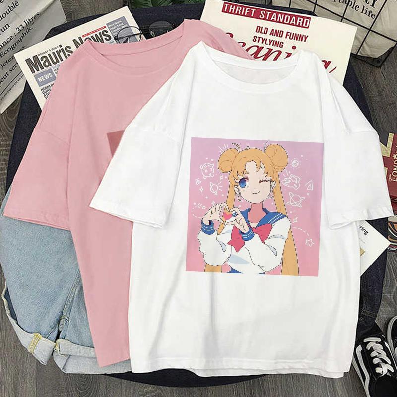 Camiseta con estampado Kawaii de Anime japonés para mujer, remera Harajuku de estética blanca y rosa, camiseta para mujer 2022