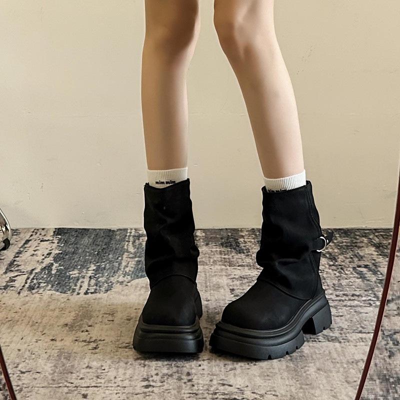 Retro Small Thick-soled Heightening Short Boots Autumn and Winter New Boots High-end Martin Boots Thick Heel Pleated Boots