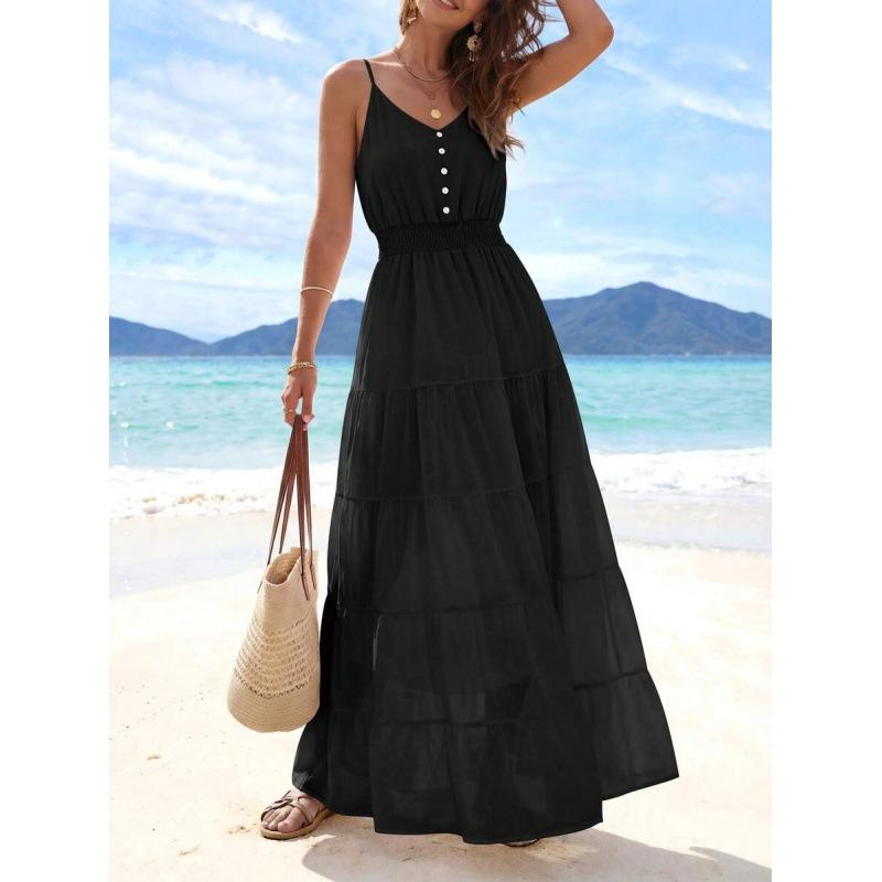 Europe, America 2026 Summer New Simple High Waist and Thin Casual Beach Vacation Suspender Dress