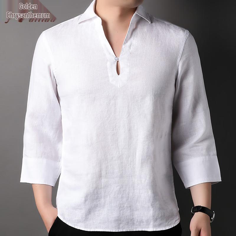 Men s 100% Pure Linen V-Neck Seven-Sleeve Casual Shirt 3XL