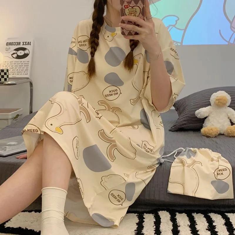 

Summer Women s Cartoon Printed Short Sleeve Pajamas Dress Ladies Stripe Baggy Casual O-Neck Nightdress XXL