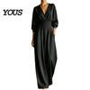 Everyday Wear Jumpsuit Women's Long Sleeve Jumpsuit, Deep V Neck Loose Wide Leg Plus Size Women Rompers, High Waist Summer Casual One Piece