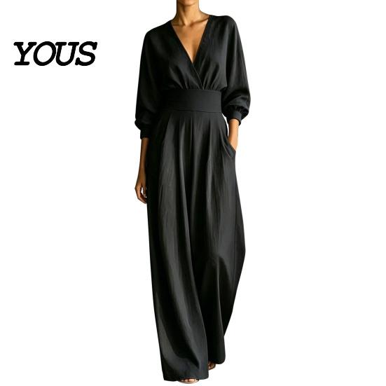 Everyday Wear Jumpsuit Women's Long Sleeve Jumpsuit, Deep V Neck Loose Wide Leg Plus Size Women Rompers, High Waist Summer Casual One Piece