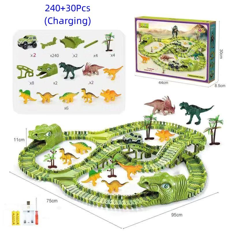 Dinosaur Race Track Set Rail Car Toys Assembly Bend Flex Racing Track Led Electronic Flash Light Car Toys for Children Years Gift