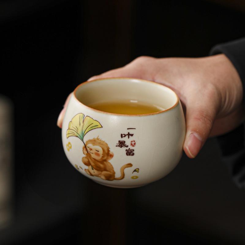 Ru Ware Beige Leaf Teacup Master Kung Fu Ceramic Tea Bowl Set