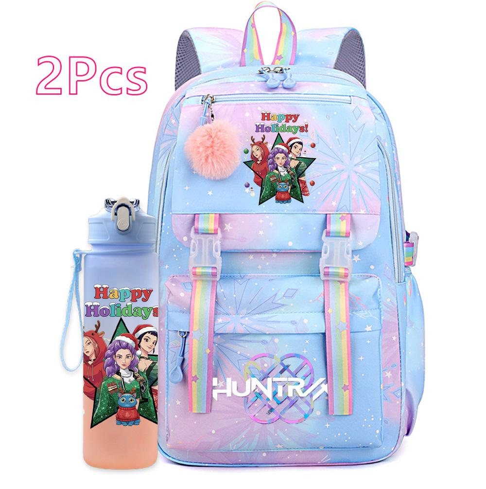 2Pcs/set Christmas K-pop Printed Backpack with 750Ml Water Bottler Large Capacity Travel Bag for Teenager Girl Boy Bookbag Kid Gift Large Capacity Bag