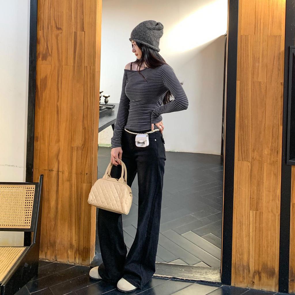 Chic Spicy Girl Striped One-Shoulder Slim Long-Sleeve Top – Women's Autumn/Winter Korean Style