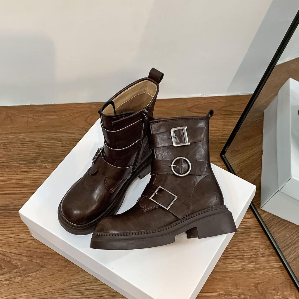 Korean version of knight boots women's belt buckle thick-soled heightening women's boots winter 2025 new retro western cowboy boots