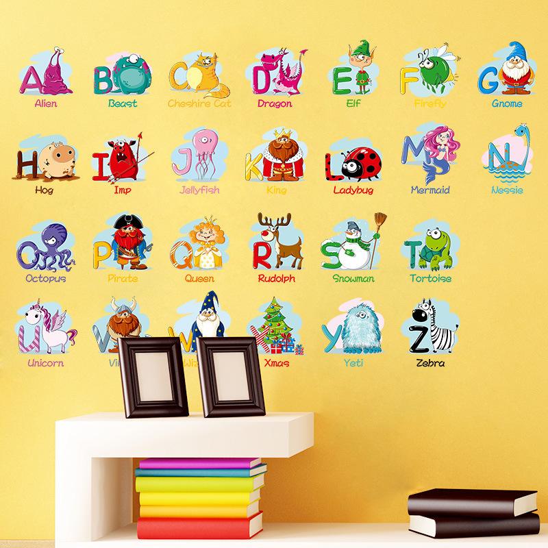 26 Alphabet Stickers English Words Cartoon Animals for Kids Room Kindergarten Classroom Wall Decoration