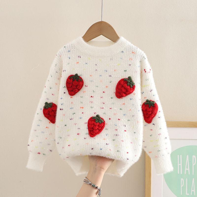 WTEMPO Schattige driedimensionale aardbeien pullover trui voor meisjes als basis winter gebreide top voor kinderen 150