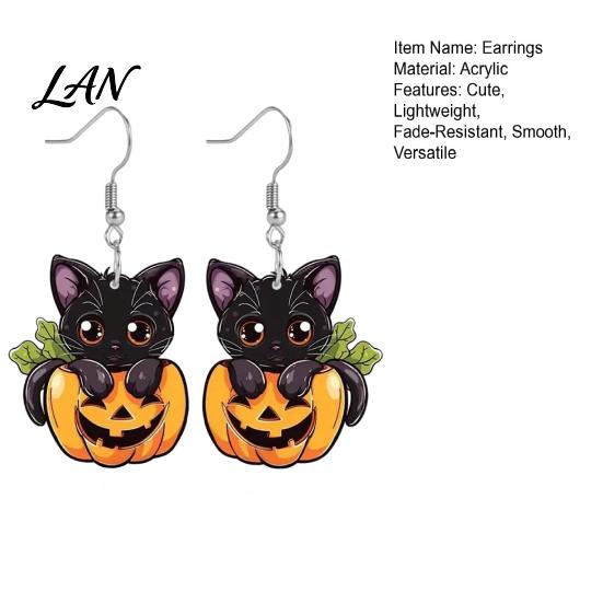 Orange Black Earrings Halloween Cat Pumpkin Dangle Earrings, Cute Cartoon Animal Drop Jewelry for Women Girls, Novelty Holiday Gift Party Daily