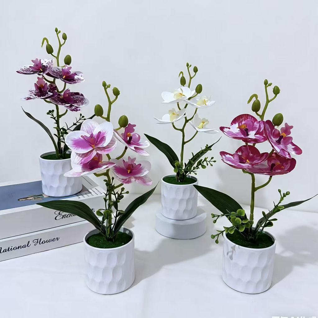 Butterfly Orchid Faux Plant With Handcrafted Plastic Base For Office Decor