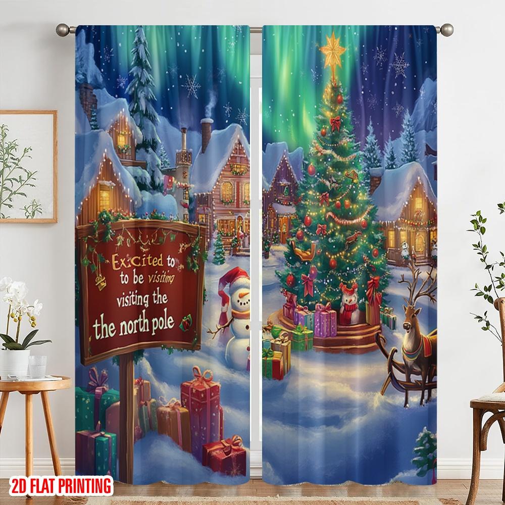 2pcs,2D Plane Printing Curtains Roller Blinds Christmas Village Aurora Sleigh_a Polyester Fabric (without Rod) Versatile All Use