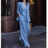 Fashion Set Summer Spring New Design Blue Linen Blazer Wide Leg Pants Three Piece Suit