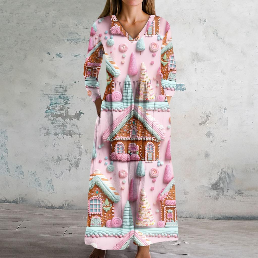 Abito Moda Donna Primavera Scollo a V Manica Lunga