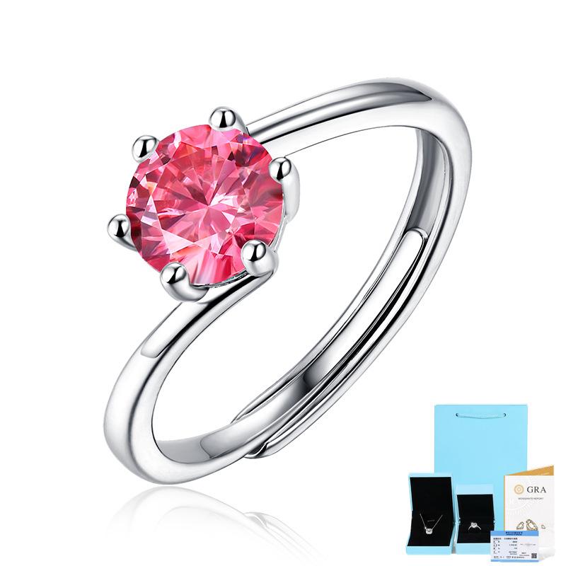 Bague Ringen S925 Silver Set 1ct Moissanite Luxury Round Bag Color Women's Six-prong Pink Adjustable Opening Ring