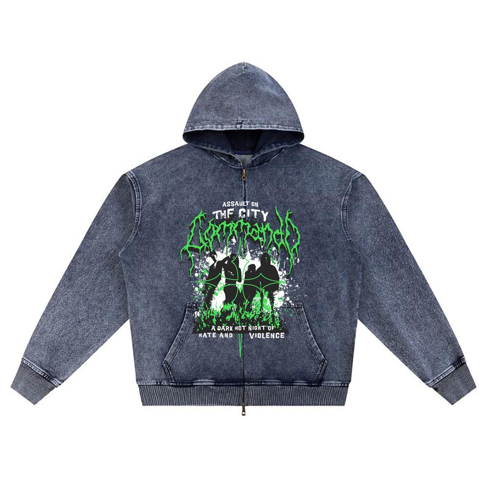 DTG Print Knitted Denim Zip-Up Hoodie Assault On the City Brother Print Zipper Hoodies