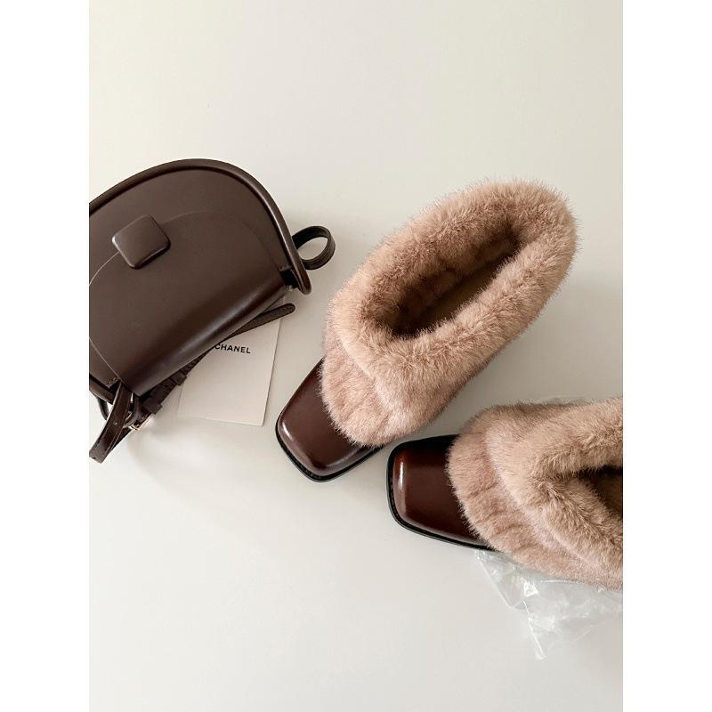 Cowhide version~ retro plush boots plush warm square head thick heel short boots women's versatile temperament plush snow boots