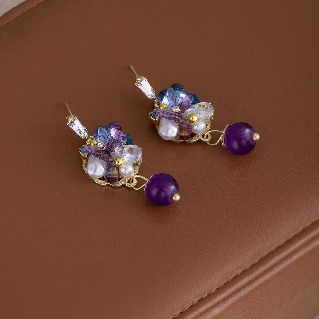 Niche Design Stud Earrings Female Purple Butterfly Flower Crystal Fringed Earrings Diamond Pearl Unique Earrings