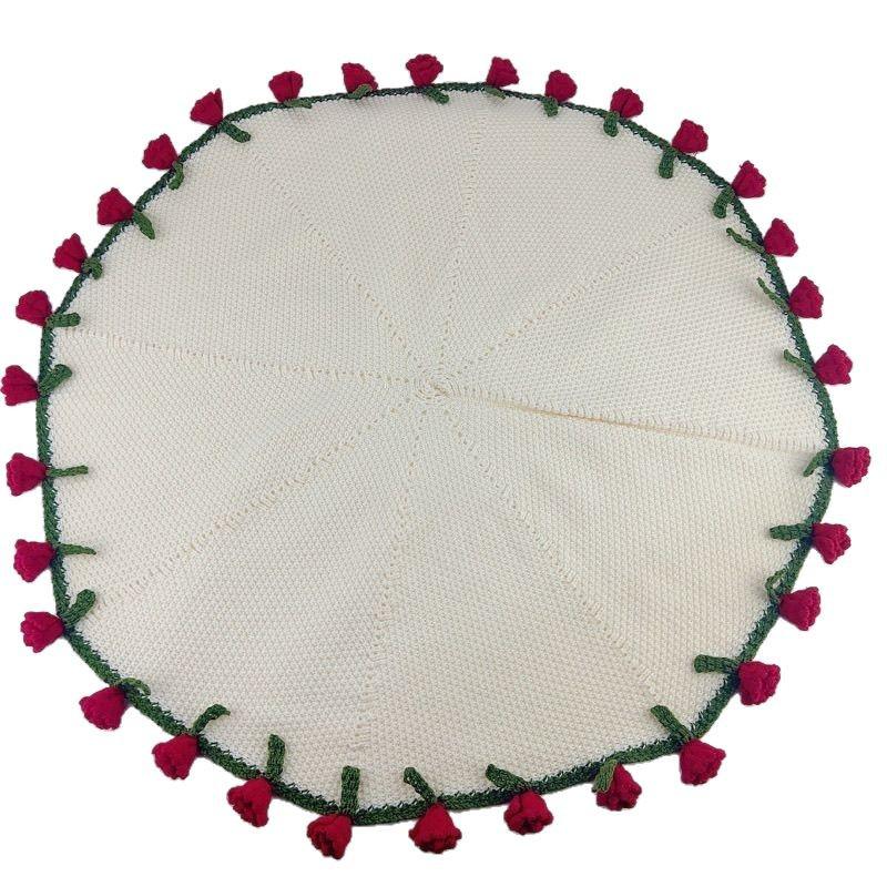 Handmade Knitted Rose Bouquet Round Crochet Flower Blanket