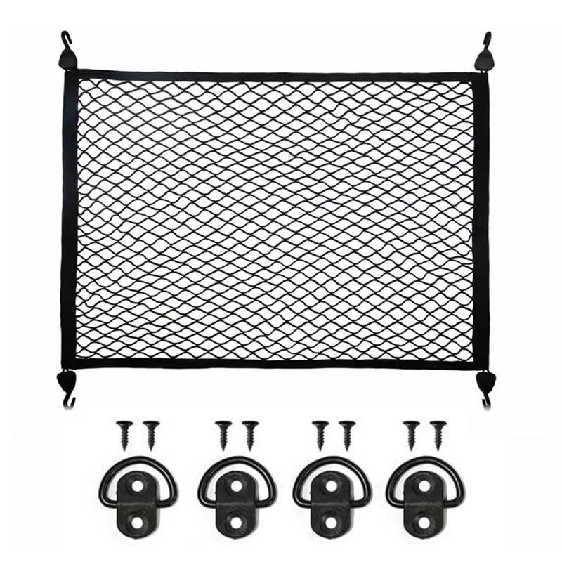 Car Rear Boot Mesh Bag Organiser Cargo Net with Mounting Hooks DRings Black 80x60cm Polyester Suitable for SUV