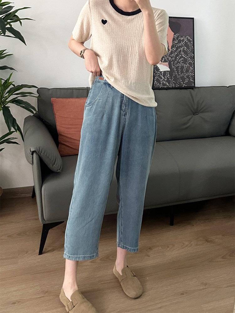 Women's Plus Size Tencel Denim Jeans - Summer Thin Ice Silk High Waist Slimming Harem Wide Leg Pants for Pear Shape.