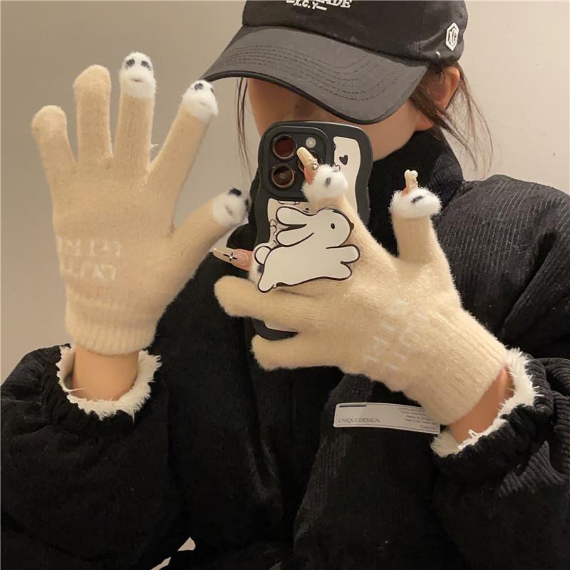 Knitted Wool Warm Gloves for Winter Women Cartoon Cute Thickened Student Writing Cold Proof Five Fingers Revealing Fingers To Touch Screen