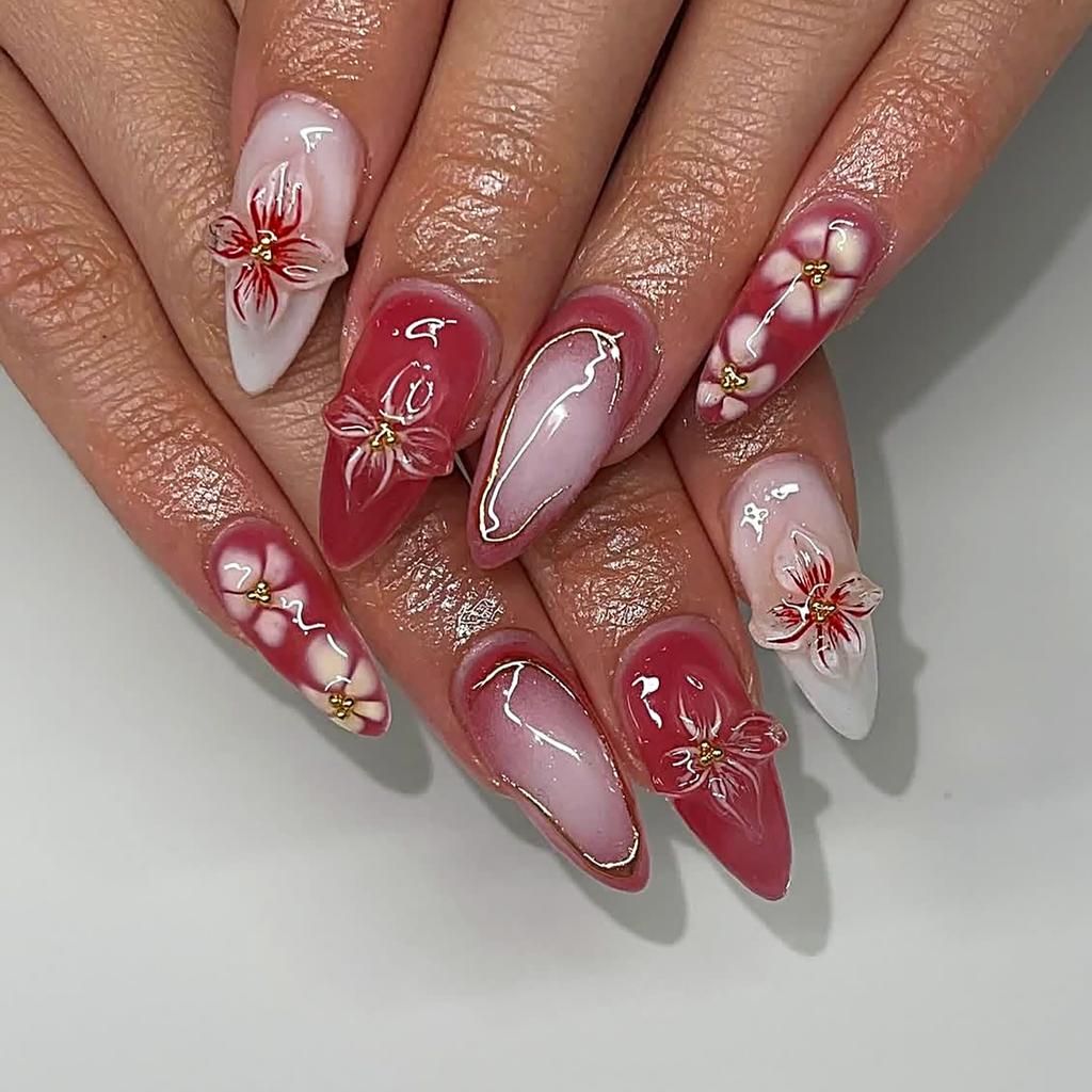 24 Stück Lange Mandel-Press-On-Nägel Rosa Blume Goldlinien-Design Abnehmbare Falsche Nägel Maniküre-Set