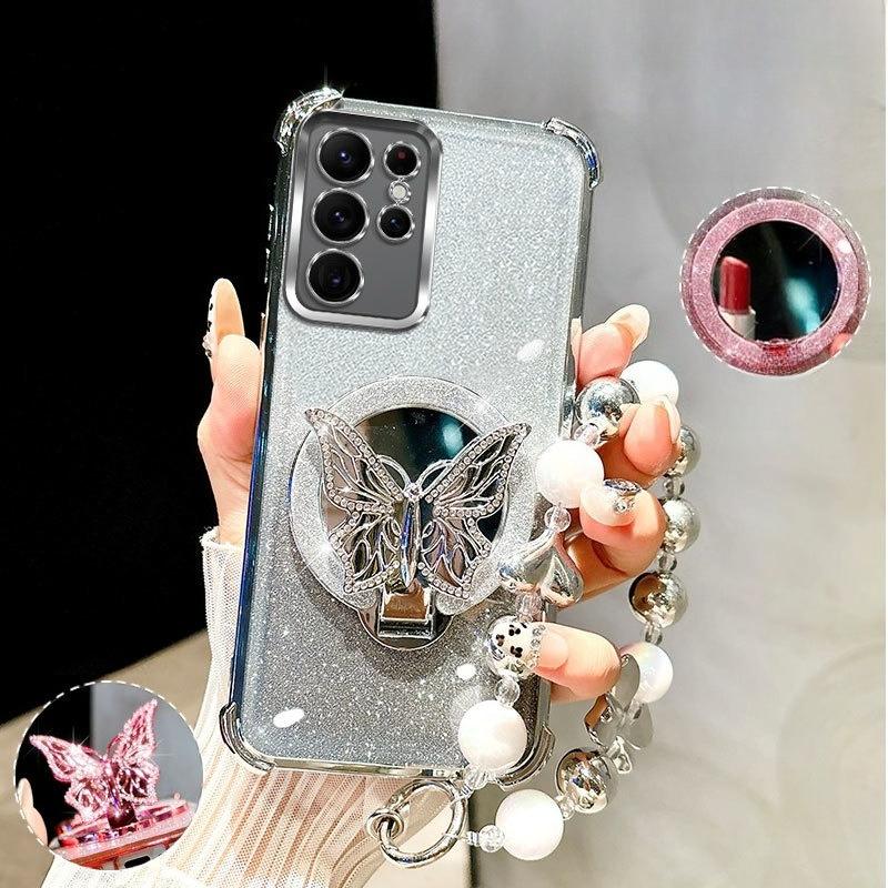 

Glitter Plating Butterfly Mirror Bracelet Case for Samsung Galaxy S25 edge S24 S23 S22 S21 S20 Note 20 10 Ultra Plus FE Cover S20 Ultra серебряный