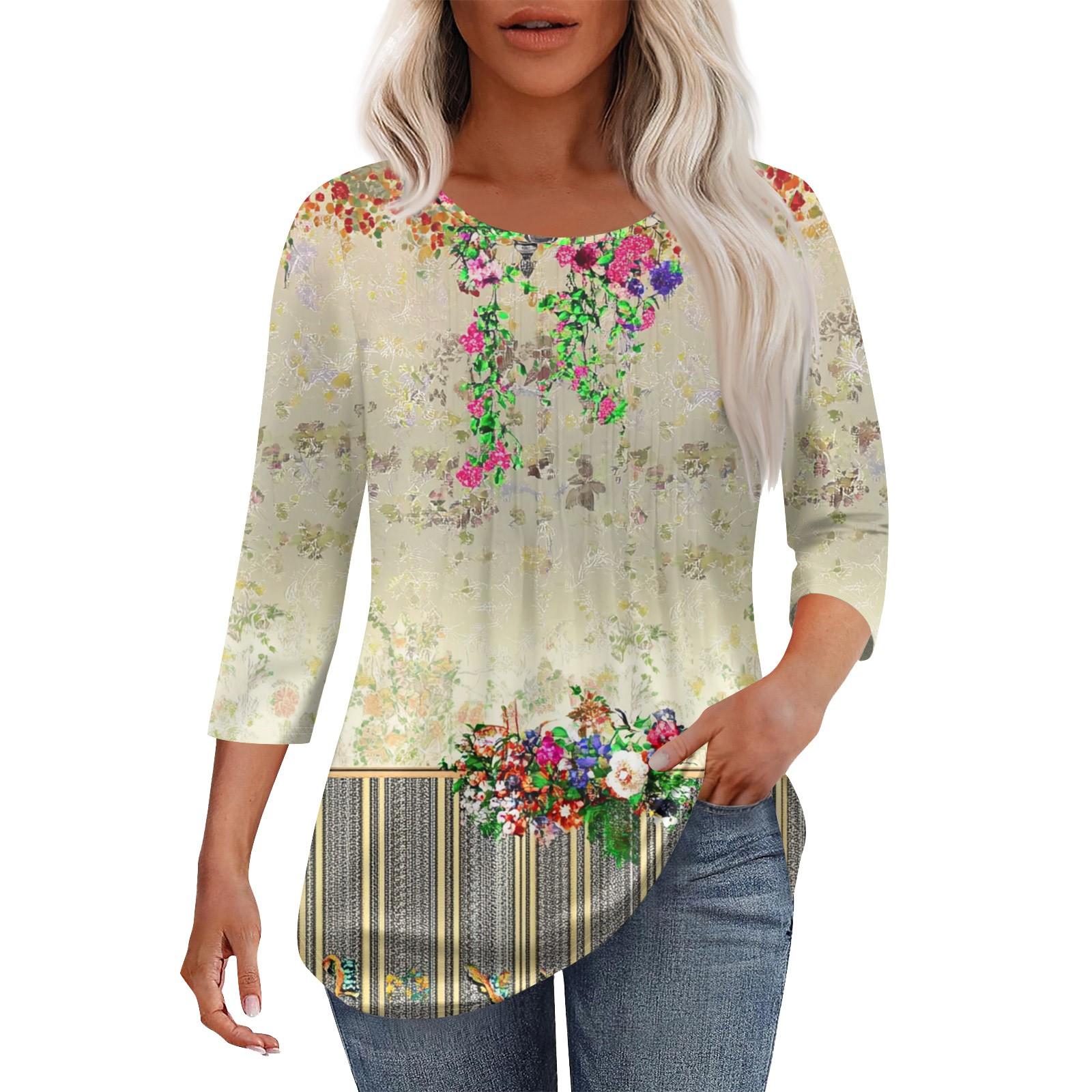 

Жіноча модна повсякденна плісирована футболка з круглим вирізом з принтом і рукавом три чверті L Темно-синій