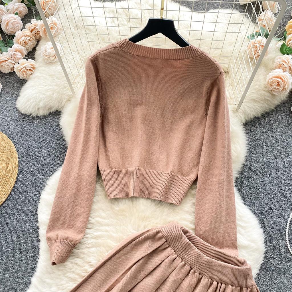 Móda Podzimní Pletený Twist Svetr Dívčí outfity Preppy Styl Dámské Single Breasted Coat Jacket+ Mini plisovaná sukně Sada dvou kusů