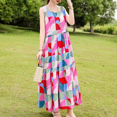 Elegant Sleeveless Dress for Women Plus Size Short Sleeve Vintage Print Long Dress Summer Casual Middle-aged Women's Clothing