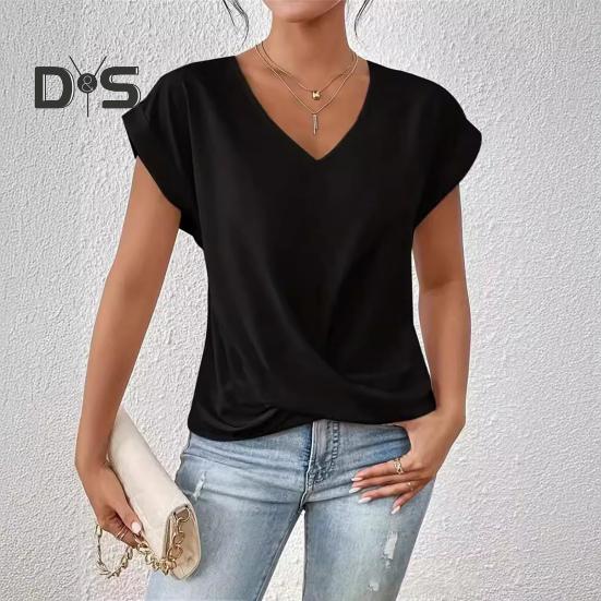 Dámské topy s výstřihem do V, s krátkým rukávem, s mačkaným designem, tričko jednobarevné, volného střihu, s křížovým plisováním, pro každodenní nošení