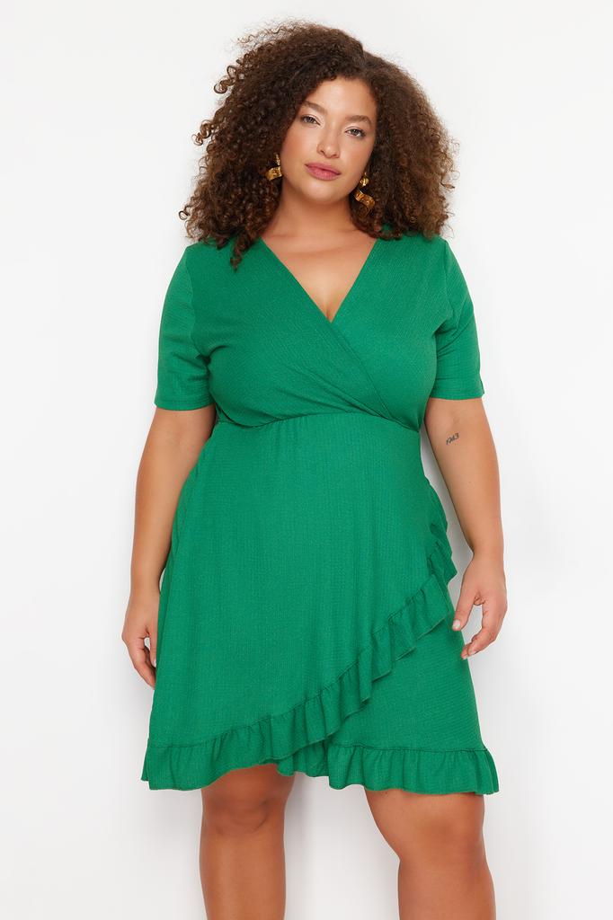 Women's Fashion New Plus Big Size Dress Green Double Breasted Flounce Knitted Dress Double Breasted Flounced Mini Knitted Dress