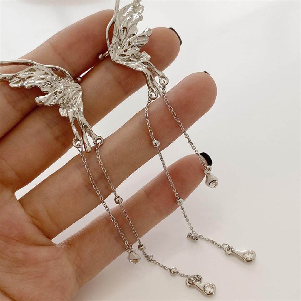 Gothic Elf Earcuffs Non Piercing Cartilage Climber Ear Wrapped Vintage Silver Stud Earrings Long Tassel Earrings Gift