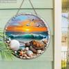 Wooden Sign with Sunshine Beach Turtle Pattern - Unique Seaside Scenery Round Sign for Front Door, Wall Decor - Ideal Home Hanging Ornament