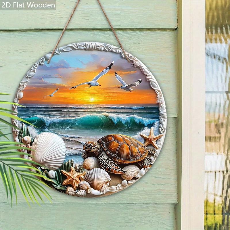 Wooden Sign with Sunshine Beach Turtle Pattern - Unique Seaside Scenery Round Sign for Front Door, Wall Decor - Ideal Home Hanging Ornament