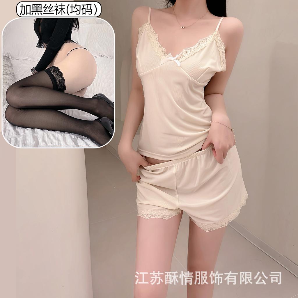 Crispy pajamas women's spring and summer girls' pure desire suspender shorts lace flower sexy pink loungewear set