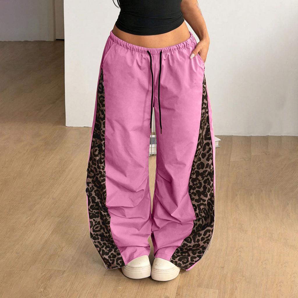 Pantaloni da donna a gamba larga con stampa leopardata, vita elasticizzata e fluidi, per abbigliamento casual