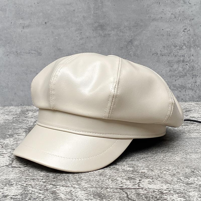 Big Head Circumference Beige Leather Octagonal Hat Women'S Season Trendy British Retro Painter Hat Japanese Beret